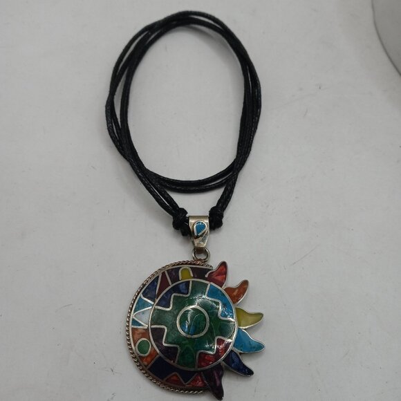 Peruvian Handmade Alpaca Natural Stone Sun Moon Wedding Pendant - Picture 1 of 7